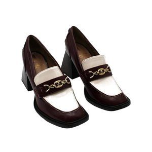 Sam Edelman Burgundy and White Block Heel Loafers with Gold Chain